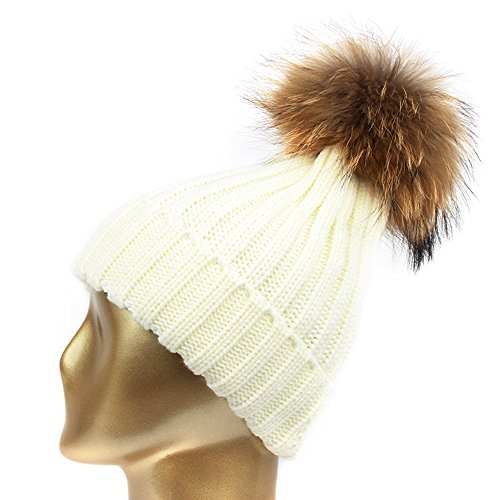 Beanie for Toddler Boy, Knitted Fur Hat Fur Pom Pom Beanie Hats White 46-51cm