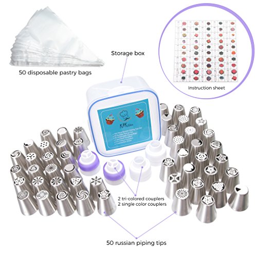 Russian Piping Tips Set 105 Pcs - 50 Numbered Frosting Nozzles & Instruction Sheet - 50 Pastry Bags & 4 Couplers - Cake, Cupcake & Baking Decorating Supplies Kit For Flower Shaped Icing Decorations