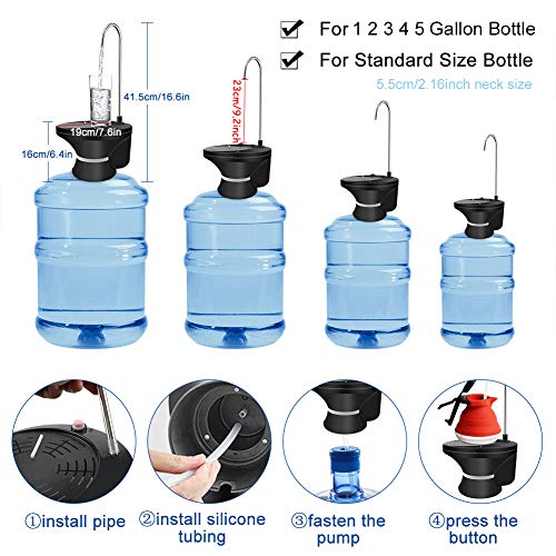 Mother's Day Black Water Bottle Dispenser Pump Automatic Electric Drinking Water Jug Pump for 1-5 Gallon Jug- USB Rechargeable Li-ion - Ultra-Hygienic BPA-Free Water Kettle Dispenser Portable for Home,Kitchen,Outdoor Camping