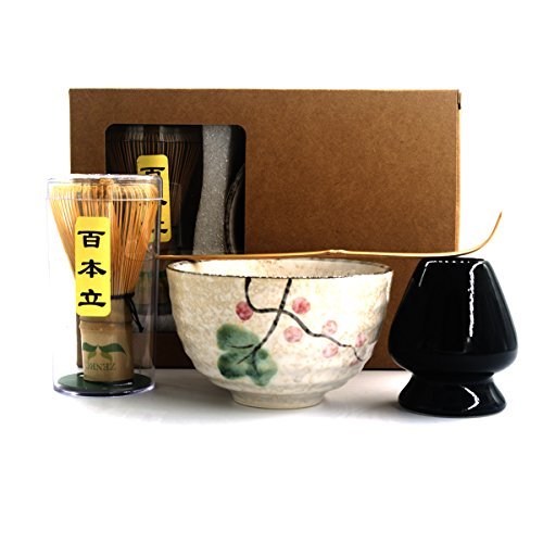Complete Start Up Matcha Tea Kit - Retro Japanese Natural Bamboo Matcha Whisk (Chasen) - Scoop - Matcha Bowl - Whisk Holder - Ceremony Matcha tea Sets (Lotus flower, 4 PCS)