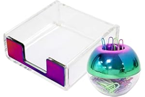 Multibey Sticky Memo Pad Holder Rose Gold Magnetic Paper Clips Holder with 100 pcs Paper Clips, Clear Acrylic Stationery Set Desk Organizer for School Office (Colorful Clear)