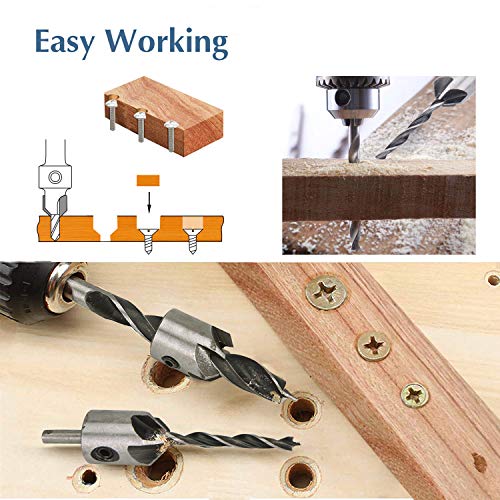 7PCS Countersink Drill Bit Set with Hex Key,ZINMOND Woodworking Chamfer Adjustable High Speed Steel Carbon Titanium Carpentry Reamer Plated for Wood DIY (3mm-10mm)