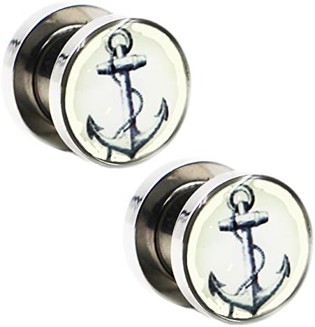 Yunsion Body Jewelry 6g-5/8" Stainless Steel Screw Fit white anchor Logo Ear Plug Gauges Flesh Tunnel Stretcher Expander 1 Pair 4mm=6g