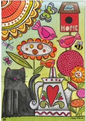 Cat, Birds, Birdhouse, Watering Can Nature Garden Folk Art Garden Flag 12.5x18 by Magent Works