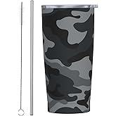 CHASOEA Camo Tumbler 20oz Grey Stainless Steel Insulated Tumblers with Lid and Straw Travel Coffee Mug Tea Wine Cups Water Bottle Gifts for Women