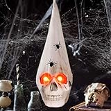 Halloween Realistic Skeleton Skull with Glowing Eyes, Super Stretch Spider Web for Halloween Party Favors and Halloween Decorations Props, 13.78 Inches