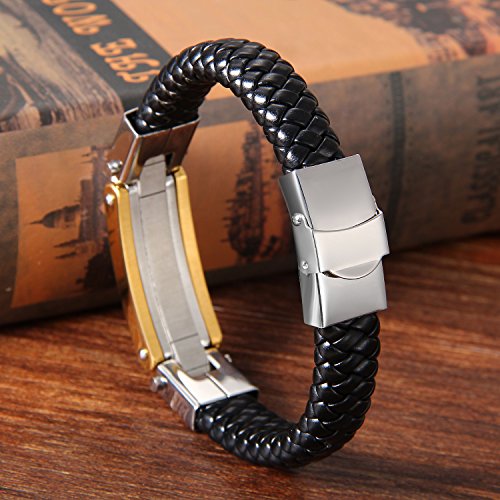 Cupimatch Men's Solid Stainless Steel Braided Religious Cross Leather Bracelet, 8.5” - Thumbnail 2