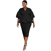 AOMEI Business Suit Sets for Women 2 Piece Outfits Floral Applique Peplum Tops Pencil Midi Skirt Set Formal Church Suits