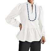 Cicy Bell Womens Puff Long Sleeve Peplum Blouses Babydoll V Neck Ruffle Tops Cute Cotton Loose Fit Shirts