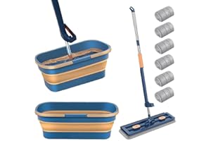 Large Flat mop and Bucket Set, self-Wringing Flat mop for Wet and Dry use with Scraper, 360° Rotating Cleaning mop, Adjustabl