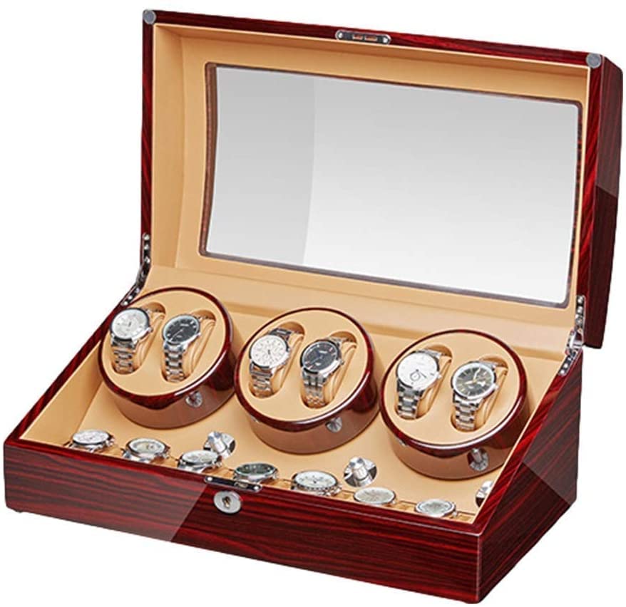 EUQKKWLOY Automatic Watch Winder for 6 Watches + 7 Storage Wood Shell Piano Paint Exterior Extremely Silent Motor Large Capacity Beautiful Scenery