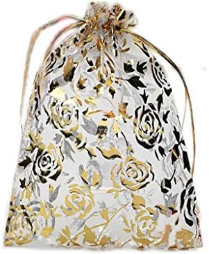 Riverer 100 pcs Gold Roses Pattern Organza Gift Bags, 13x18cm (5.1x7.1 Inches)