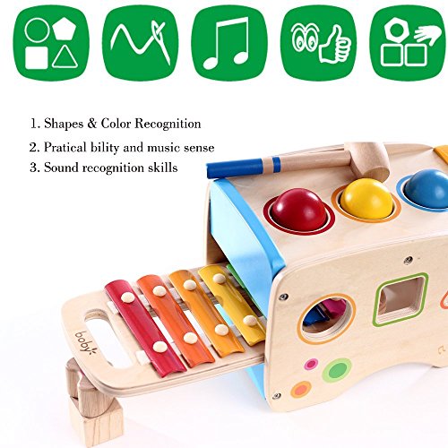 Wondertoys Wooden Toddlers Musical Toys Pound & Tap Bench Slide Out Xylophone with Mallet 3 Balls Shape Sorter Early Development Games for Toddler
