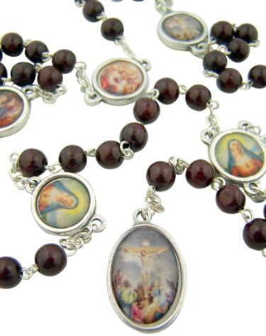 Mens Womens Religious Catholic Gift Round Brown Wood Prayer Beads Mater Dolorosa Our Lady of Sorrows Icon 29 Inch Chaplet Rosary Necklace