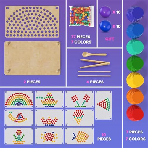 AM ANNA Wooden Peg Board Beads Game, Toddler Wooden Learning Montessori Toys for Kids 2-3 Years Old, Rainbow Stacking Matching Counting Color Sorting Games for Fine Motor Math Skills (Rainbow)