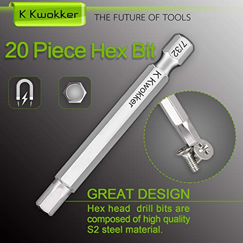 image for K Kwokker 20 x 1/4 Inch Hex Head Allen Wrench Drill Bit Set Standard &