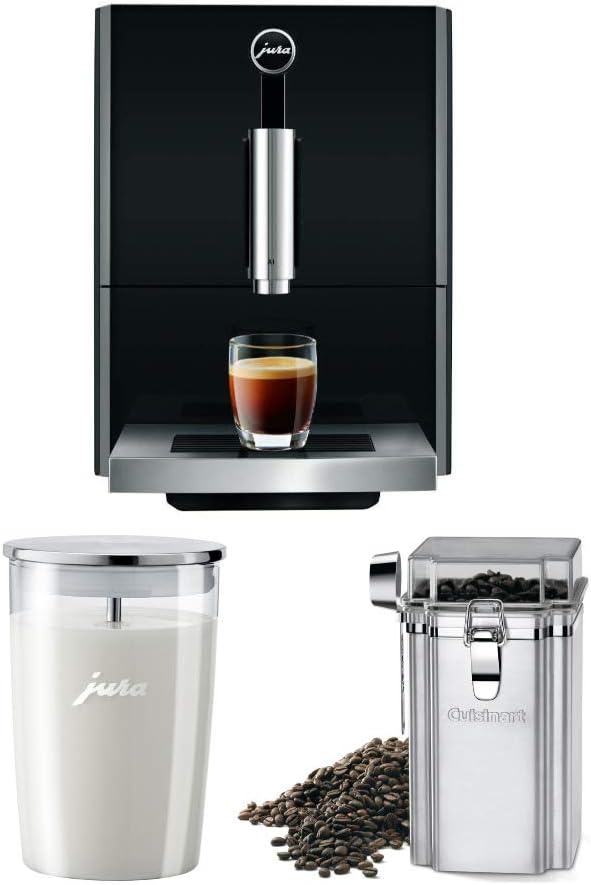 Jura A1 Ultra Compact Coffee Center 15148 with PEP, Piano Black, Includes Glass Milk Container and Bean Canister Bundle (3 Items)