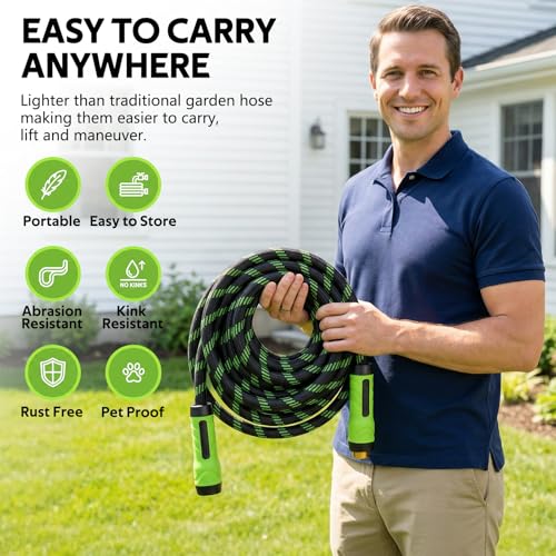 NON-EXPANDABLE Garden Hose 25 FT, Heavy Duty Steel Metal Flexible Water Hose with 10-Function Spray Nozzle, Durable Fabric Skin, No Kinks & Leak-Proof with Upgraded Handle