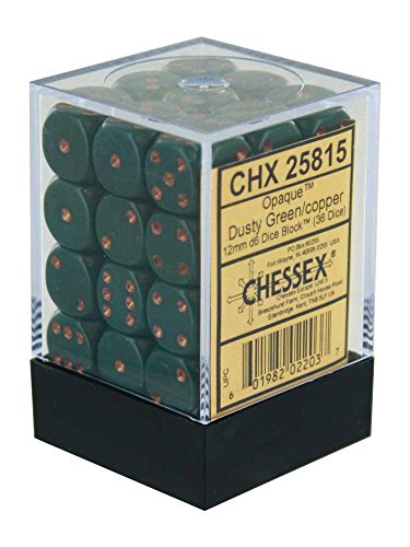 Chessex Opaque 12mm d6 Dusty Green w/Copper Dice Block - Set of 36