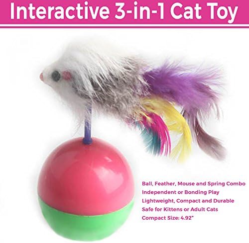 Interactive 3-in-1 Cat Toys (Mouse, Feather and Ball) Funny Top Tumbler with Bouncy, Moving Motion | Solo Healthy Play for Adults &amp; Kittens | Bonding &amp; Training Supplies