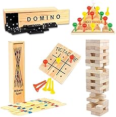 Wooden Game Set by GamieTM - 5 Fun Games for Kids & Family - Includes Tic-Tac-Toe, Tower, Domino, Triangle, Pick-up Stick - Compact Size - Best Gift for Boy or Girl 5+._.