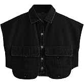 Perbai Womens Cropped Button Down Shirt Summer Collared Sleeveless Loose Denim Top with Pockets