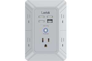 LVETEK Outlet Extender, Surge Protector Outlet with 5-Multi Plug Outlet and 4 USB Ports(1 USB C), 3-Sided 1680J Power Strip Wall Charger, Multiple-Plug Outlet Splitter for Home Travel Office,ETL Listed,Grey