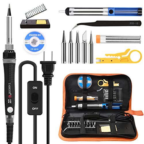 Tabiger Soldering Iron kit with Adjustable Temp 200-450C and ON/OFF Switch, 60W Welding tool with 5 Soldering tips, Desoldering Pump, Solder Wick, Solder wire, Wire Stripper Cutter, Stand, Tool Case