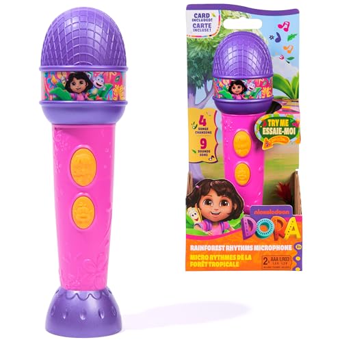 Dora - Mikrofon mit Funktionen des Regenwaldes – Mikromusik 18 cm – 4 Lieder & 9 Sounds – zweisprachig Französisch Englisch – Cartoon Spielzeug Puppenhaus – Spielzeug für Kinder ab 3 Jahren