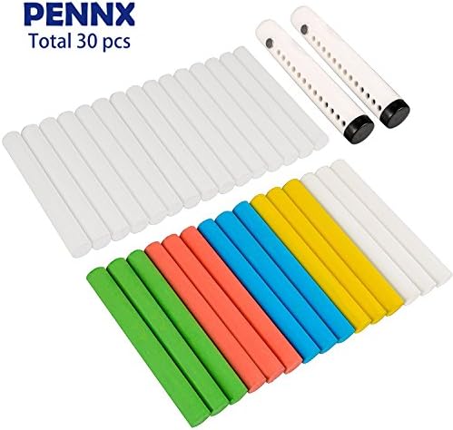 [30-Count] Chalkboard Chalk, PENNX Non-Toxic Dustless 18 White Chalk and 12 Colored Chalk (4 Colors, 3 of Each) with 2 free chalk holders for School and Office Use