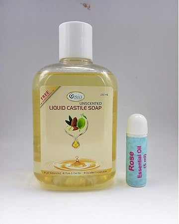 Onics, Unscented Liquid Castile Soap (250 mL With 5 mL Free Rose Essential Oil) Organic, 100% Vegan, Multipurpose Use, Made From Olive, Almond, Sesame Oil, No Paraben, Sulphate and alcohol