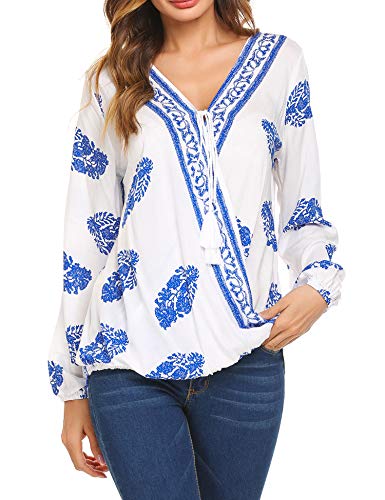 SoTeer Women Long Sleeve Shirt V Neck Boho Tops Floral Shirt Blouses Loose Tunic Tops White