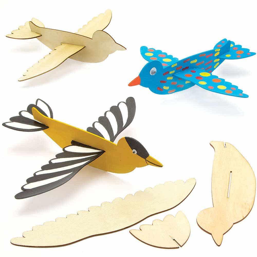 Baker Ross FC704 Bird Wooden Gliders - Pack of 8, Wood Crafts kits for Kids, Colouring Crafts for Kids