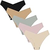 VKjialequ Seamless Thong Underwear for Women, 5-Pack, No Show Panties, Black Nude Gray Pink Beige