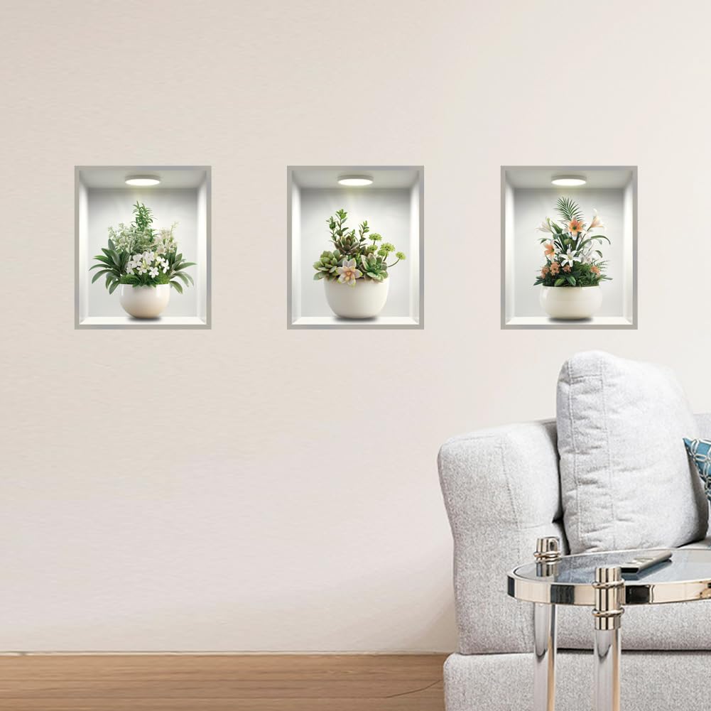 Peacoblue Wall Stickers Decor 3D Flower Pot Frame, 2 Sheets 38cm x 60cm Waterproof Decorative Wall Decals for Bedroom Living Room Office Kitchen Bathroom