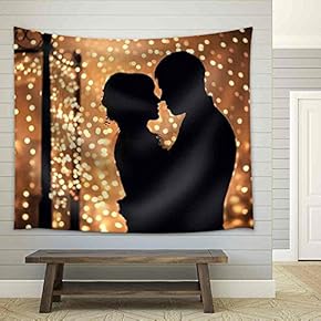 Hugs Lovers in Silhouette Against The Background of Garlands of Lights - Fabric Wall Tapestry Home Decor - 51x60 inches