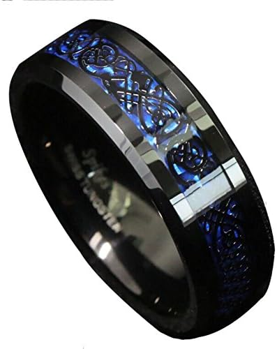 ANDESWF 8mm Black Tungsten Carbide Black Celtic Dragon Blue Carbon Fibre Wedding Ring Band Mens 11.5