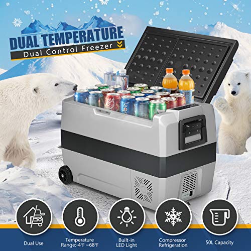 COSTWAY Car Refrigerator with Wheels, 53Quart Electric Cooler with APP