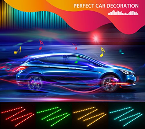 MINGER One-Line Car Interior Lights, 4pcs 48 LED RGB Multicolor Music Car LED Strip Light, Waterproof Underdash Lighting Kits with Sound Active Function and Simple Control, 12V Car Charger Included