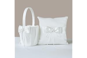 Stafuni Flower Girl Basket and Ring Bearer Pillow Set, Double Pearl Bow Handmade Series Wedding Ring Pillow Set - Ivory