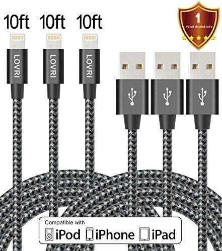 LOVRI 3pack 10ft Nylon Braided Charging Cable Cord 8Pin Lightning to USB Cable Charger Compatible with iPhone 7/ 7 Plus/6/6s/6 plus/6s plus, iPhone 5/5s/5c,iPad, iPod and More (Black Gray)