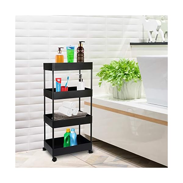 Slim-Storage-Cart-4-Tier-Rolling-Utility-Storage-Cart-Mobile-Shelving-Unit-Rolling-Bathroom-Carts-Slide-Out-Storage-Cart-Storage-Shelf-Rack-for-Kitchen-Office-Bathroom-Laundry-Room-Narrow-Places Slim Storage Cart 4-Tier Rolling Utility Storage Cart, Mobile Shelving Unit Rolling Bathroom Carts, Slide Out Storage…