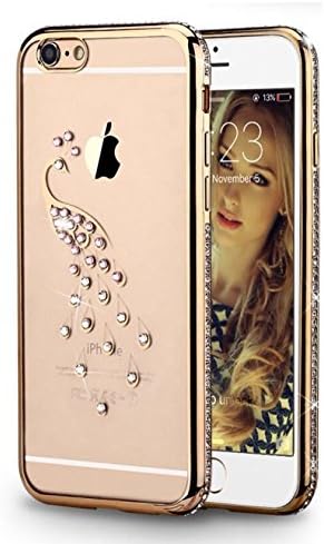iPhone 6S Plus Case,iPhone 6 Plus Case,Soft TPU Peacock Design Glitter Diamond Gold Electroplate Plating Frame Crystal Clear TPU Bumper Case Cover for iPhone 6/6S Plus 5.5"