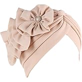 YRANXQUN Flower Turban Hats for Women - Ruffle Bead Stretch Solid Caps Chemo Cancer Pre Tied Headscarf Headwear