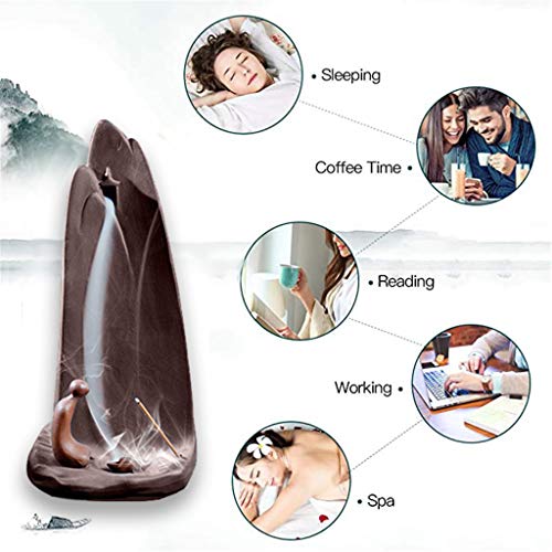Backflow Ceramic Incense Holder Waterfall Incense Burner with 50 Backflow Incense Cones 40 Incense Sticks 1 Tweezers 1 Pad, Mountain Tower Censer Aromatherapy Ornament Home Decor
