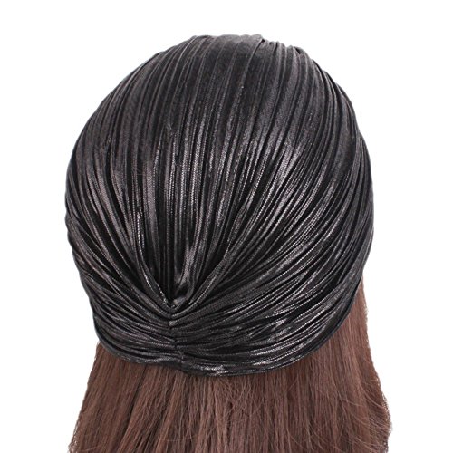 CHUANGLI Women's Noble Ruffle Turban Hat Glitter Pleated Stretch Head Wraps Chemo Cap Black - Thumbnail 3