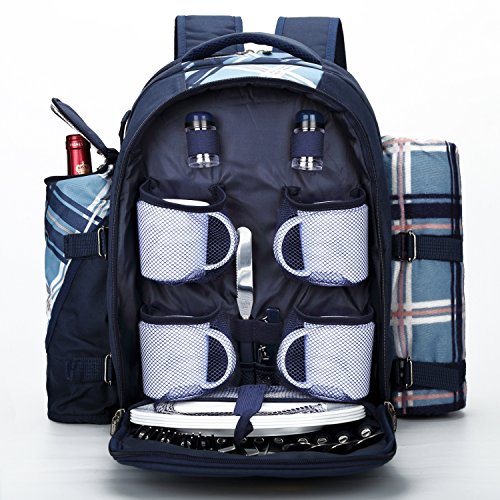 APOLLO WALKER Picnic Backpack For 4 With Cooler Compartment, Blue on