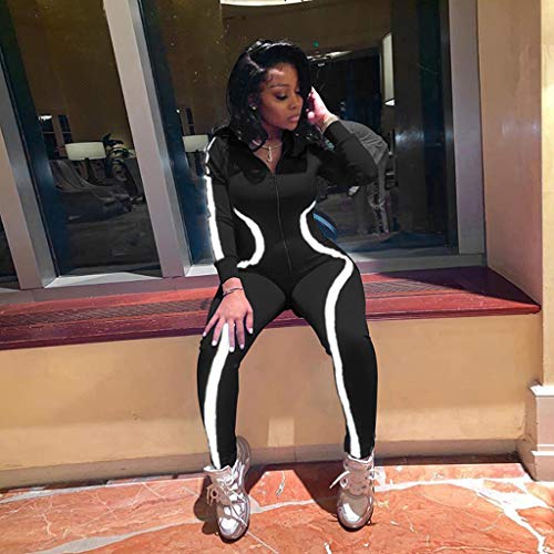 iYBUIA Women Yoga Fitness Motion Workout Reflective Patchwork Long Sleeve Tight Jumpsuit Zipper Slim S-L Black