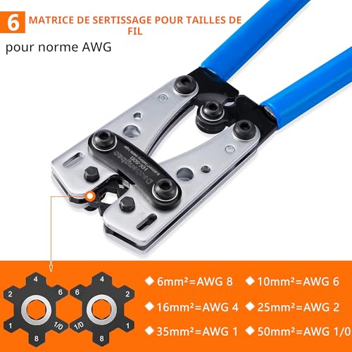Dechengbao Crimping Pliers for 6-50mm² Battery Cable (10-1AWG) with 60pcs Copper Terminals 8 Sizes Heavy Duty Crimping Pliers for Battery Wire Terminal