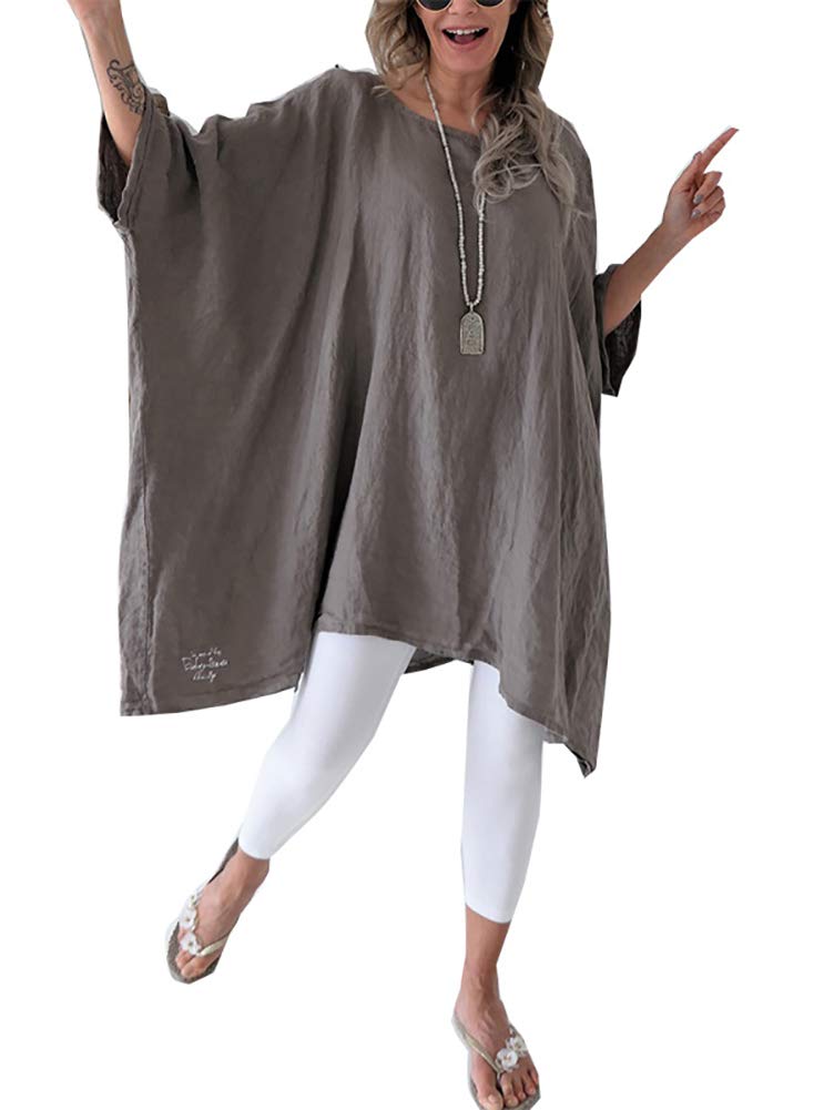 Women\'s Linen Blouse Tunic Tops - Fashion Summer Loose Fit T Shirt Dark Kaki X-Large